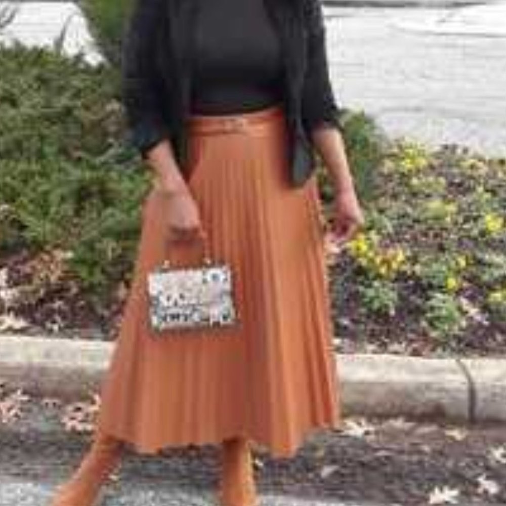Contemporary Camel vegan leather pleated midi skir - Picture 5 of 6